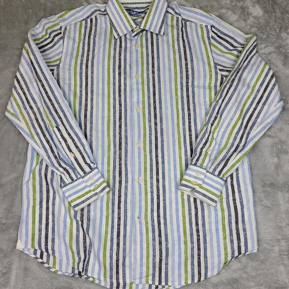 Robert Graham Men's Shirt Large L/XL Striped Blue Green White Paisley Stripe